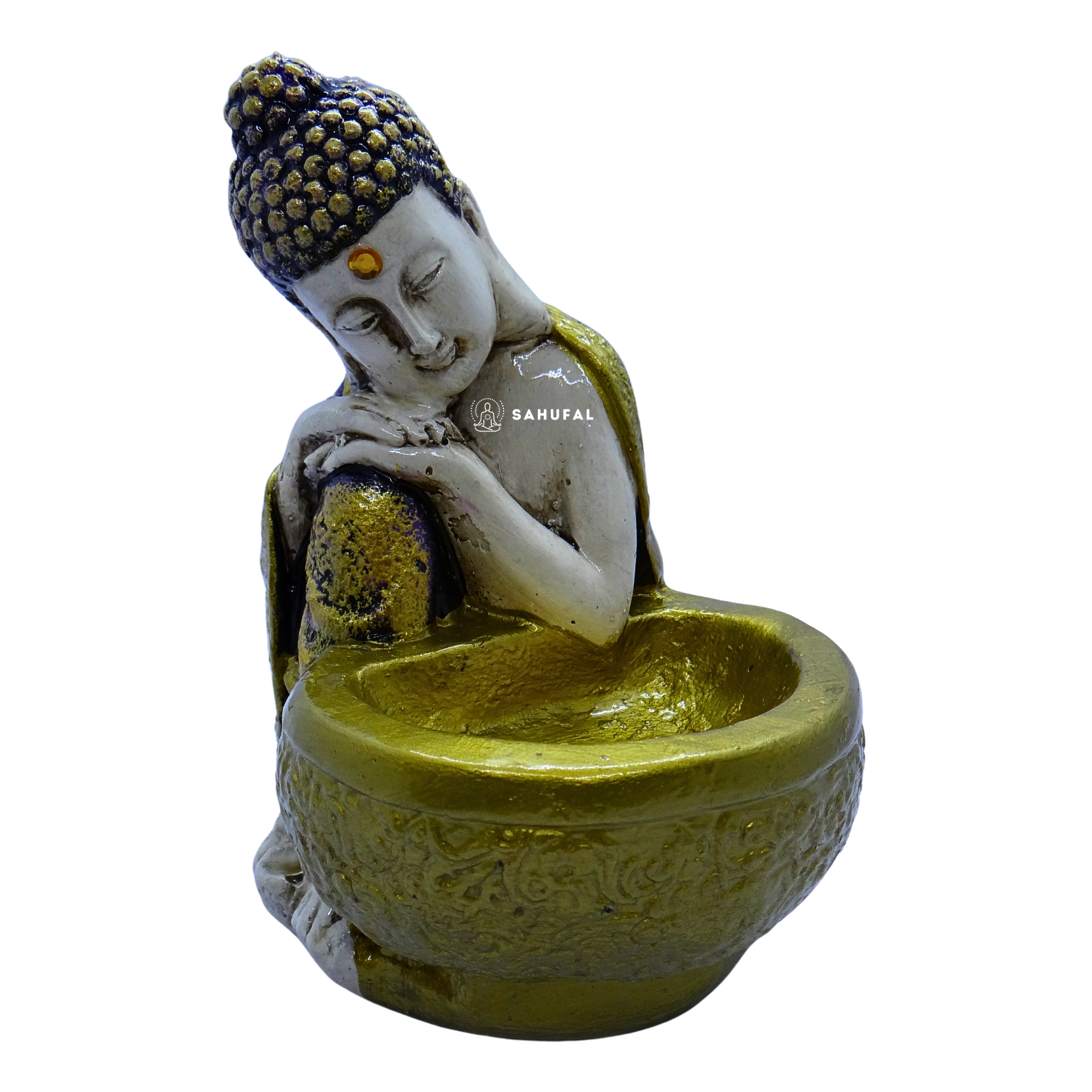 Buda hindú con Cuenco Dorado 16 cm Yeso Extra Duro